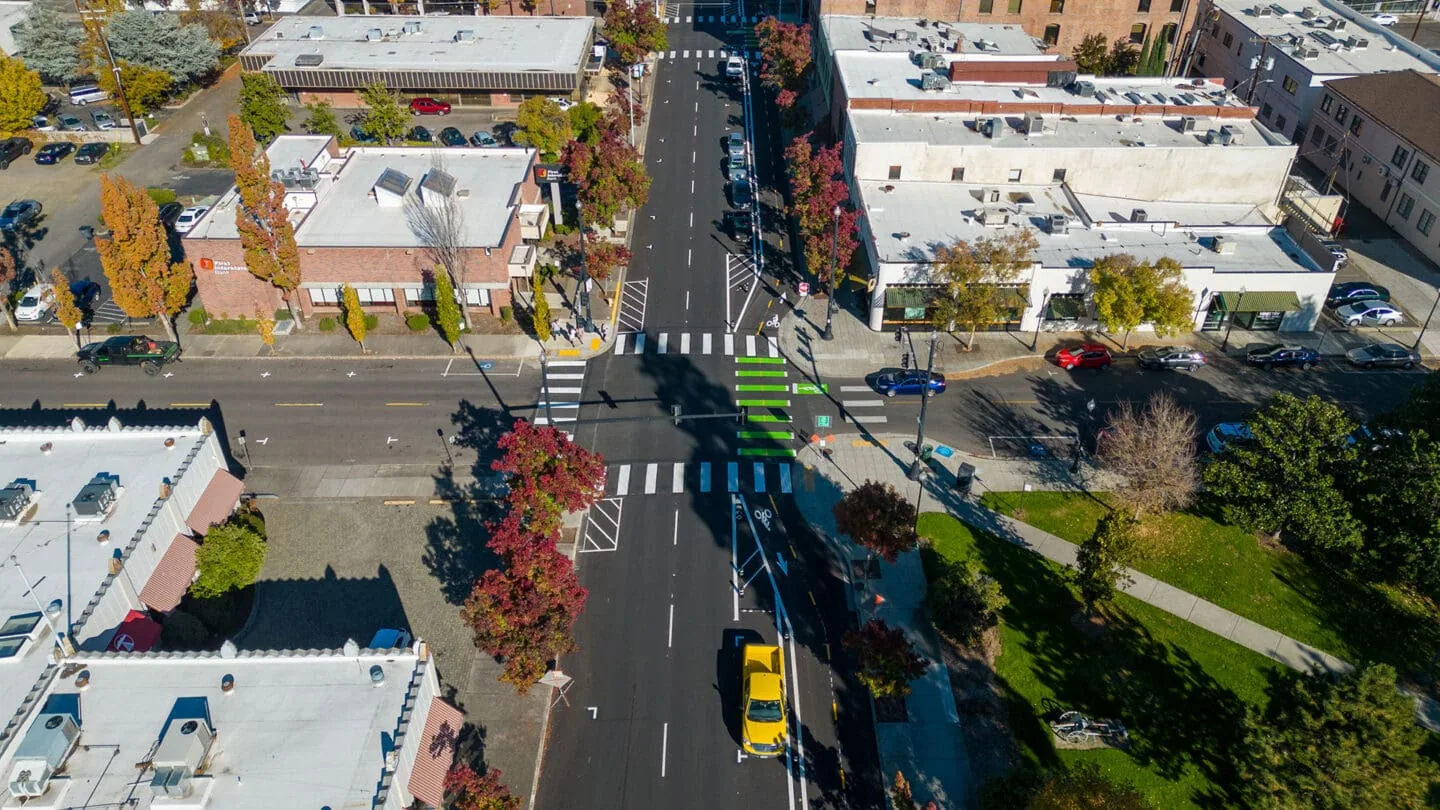Rooftops along a Medford street seen from above