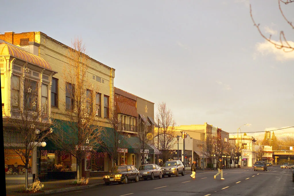 Historic storefronts on a downtown Medford block